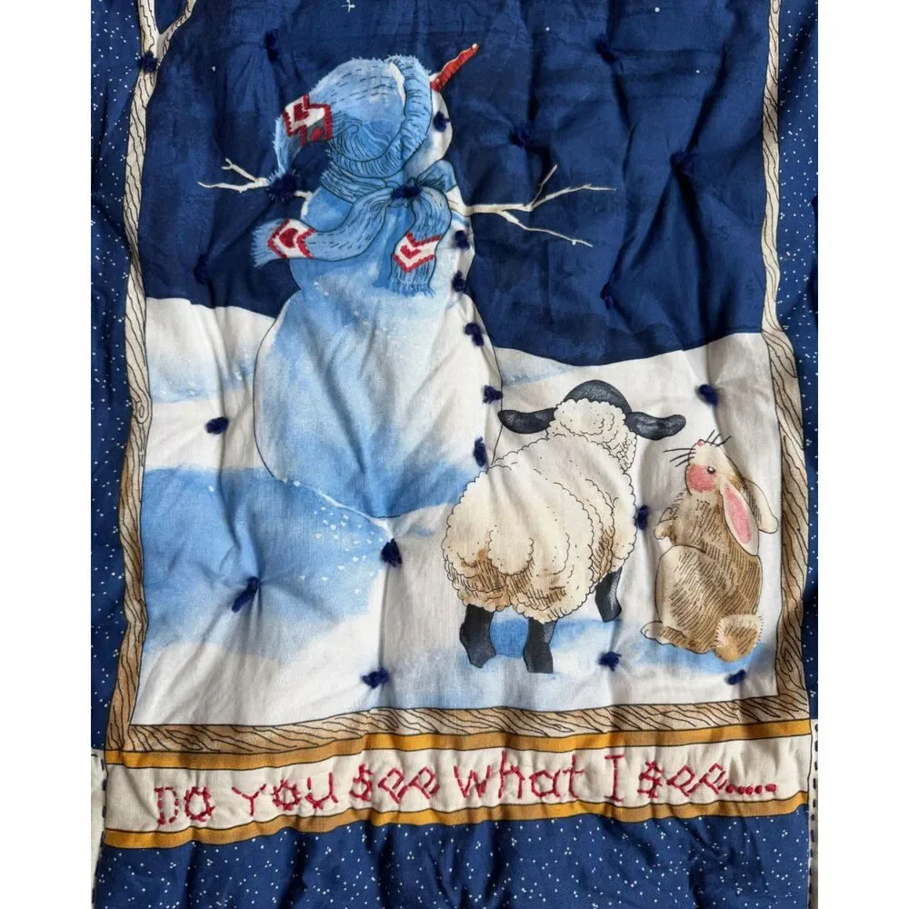 Blue Snowman Hand Sewn Christmas Holiday Quilt Throw Wall Hanging 32.5 x 40 Tied